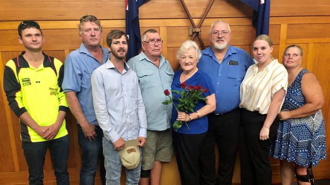 Tim Simpson-Swadling, Darrin, James, Grahan, Cr Rose, Clint, Cloe and Kaylene Swadling at Rose's last council meeting.