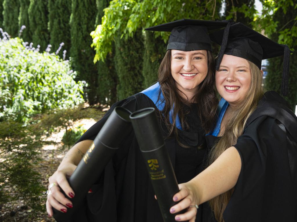 Bachelor of Nursing graduates Ella Stone (left) and Elizabeth Paroz at a UniSQ graduation ceremony at The Empire, Tuesday, October 29, 2024. Picture: Kevin Farmer