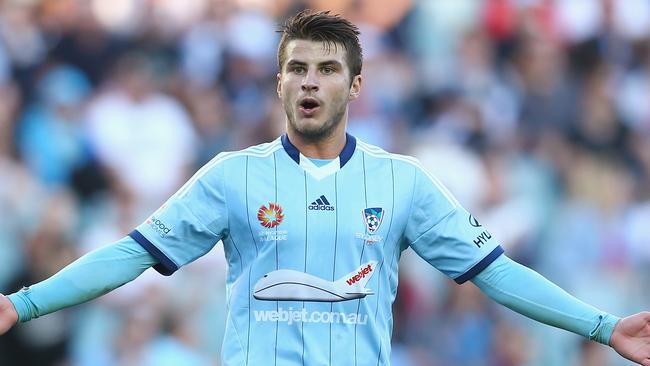 SYDNEY, AUSTRALIA — NOVEMBER 02: Terry Antonis of Sydney FC reacts after a missed shot on goal during the round four A-League match between Sydney FC and the Central Coast Mariners at Allianz Stadium on November 2, 2014 in Sydney, Australia. (Photo by Mark Kolbe/Getty Images)