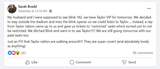 Sarah Bradd explained how she scored tickets to one of Taylor Swift's concerts. Picture: Sarah Bradd/Facebook