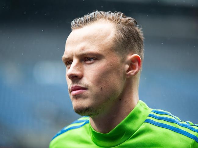 Seattle Sounders defender Brad Smith interviews with media during an MLS soccer practice at CenturyLink Field at Seattle, Saturday, Nov. 9, 2019. (Andy Bao/The Seattle Times via AP)