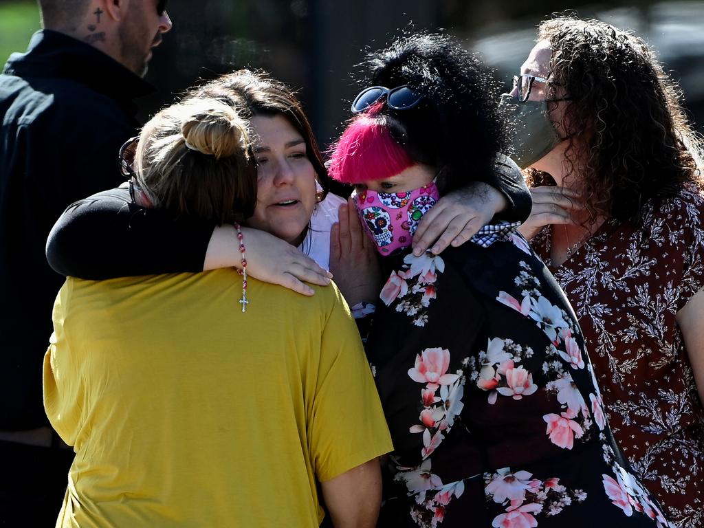 Georgie Gardam (centre) spoke at her son’s funeral at the Mersey Gardens Chapel, saying he was a brave and caring “little man”. Picture: AAP Image/Bianca De Marchi