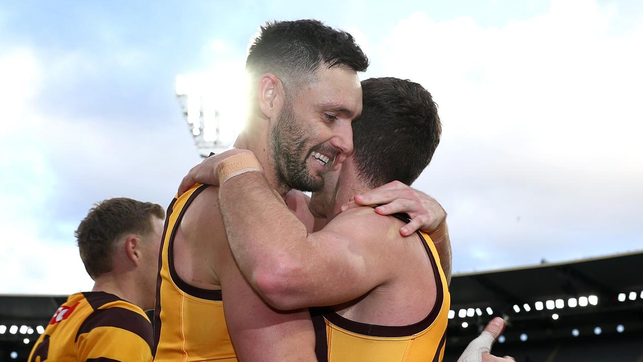 Hawthorn premiership forwards Jack Gunston (left) and Luke Breust are yet to sign on beyond 2024. Picture: Quinn Rooney / Getty Images