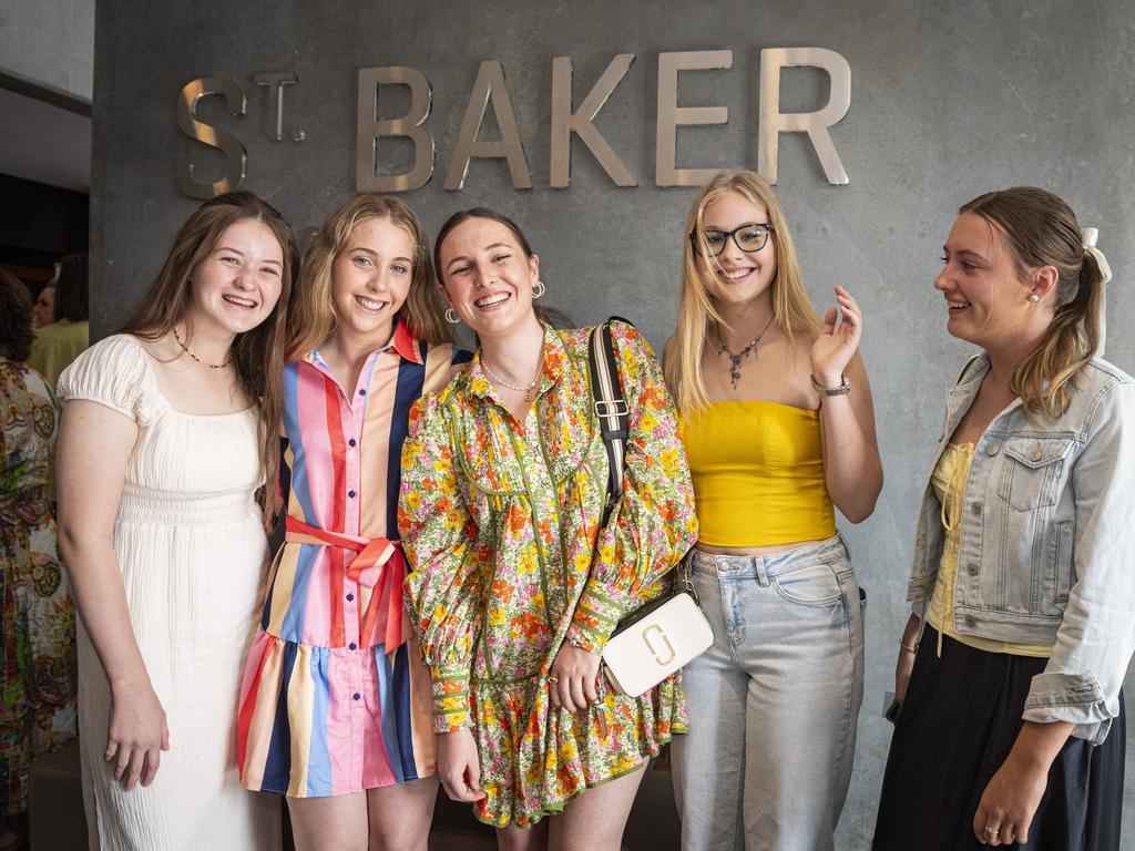 Fairholme College fashion students (from left) Kristen Hurlock, Clare Hogan, Bella Donaldson, Katie Campbell and Caroline Armstrong had their designs featured on the Emerging Designers runway of Toowoomba Fashion Festival at The Armitage Centre, Saturday, March 16, 2024. Picture: Kevin Farmer