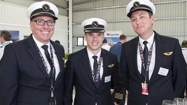 Former Qantas senior manager Luke Fogarty, centre, with Qantas chief pilot Richard Tobiano and manager of line operations Nick Collie in January 2020.