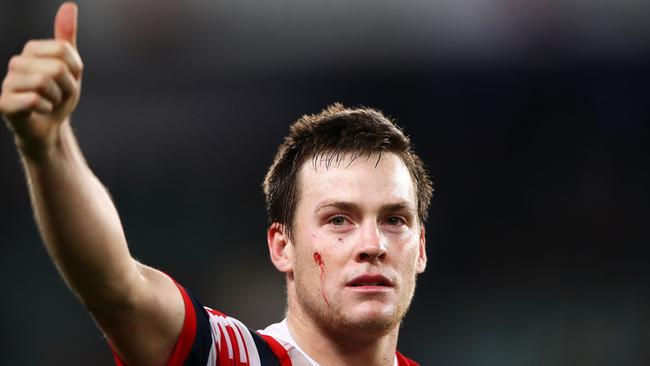 SYDNEY, AUSTRALIA - SEPTEMBER 22: Luke Keary of the Roosters acknowledges the crowd as he celebrates victory during the NRL Preliminary Final match between the Sydney Roosters and the South Sydney Rabbitohs at Allianz Stadium on September 22, 2018 in Sydney, Australia. (Photo by Mark Kolbe/Getty Images)