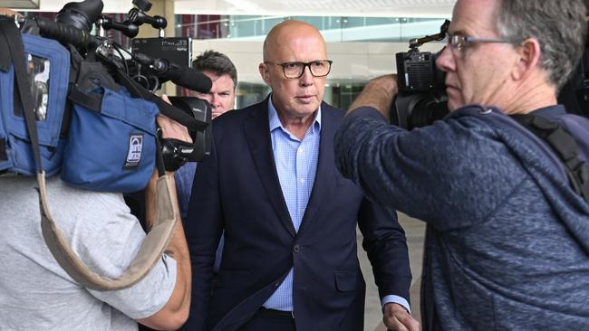 Peter Dutton arrives in Canberra after his landslide election defeat, which some have attributed to being too right leaning. Picture: NewsWire / Martin Ollman