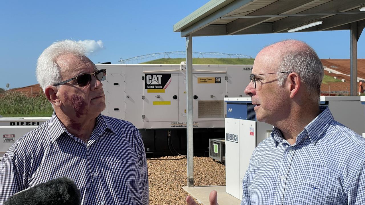 City of Darwin Mayor Kon Vatskalis and Water and Carbon Group chief executive, Jim Hunter, at the new Shoal Bay PFAS treatment plant. Picture: Annabel Bowles