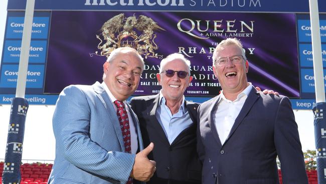 Mayor Tom Tate, promoter Paul Dainty and Sun CEO Mark Evans are thrilled to see Queen on the Gold Coast. Picture Glenn Hampson.