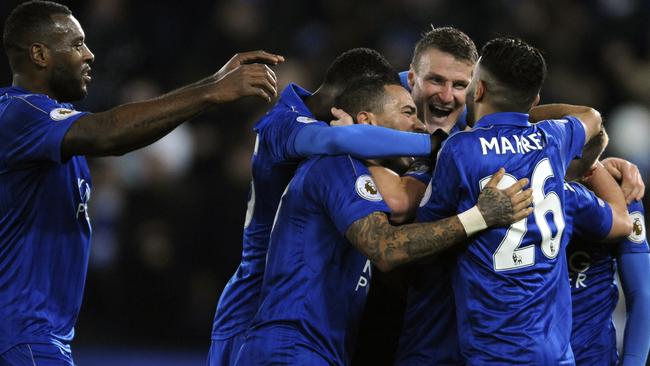 Leicester players celebrate after Leicester's Daniel Drinkwater scored.