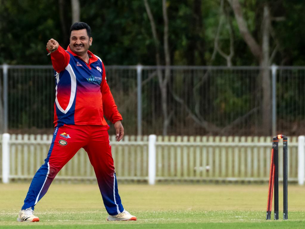 Vicky Lefty of Mulgrave celebrates during the Mens A grade match against Norths on Saturday. Picture Emily Barker.