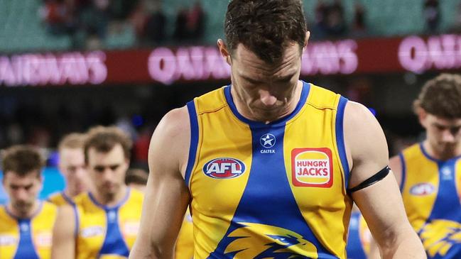 SYDNEY, AUSTRALIA - JUNE 24: Eagles captain Luke Shuey walks from the field after defeat during the round 15 AFL match between Sydney Swans and West Coast Eagles at Sydney Cricket Ground, on June 24, 2023, in Sydney, Australia. (Photo by Mark Metcalfe/AFL Photos/via Getty Images )