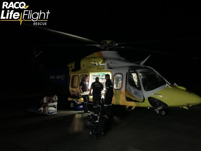 Two female patients were transported to Toowoomba Hospital for suspected spinal injuries after a single-vehicle rollover in Wieambilla. Picture: LifeFlight.