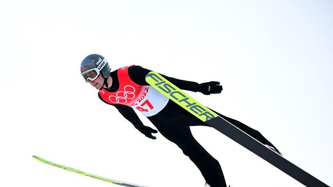 Norway's Jarl Magnus Riiber competes in the ski jumping.