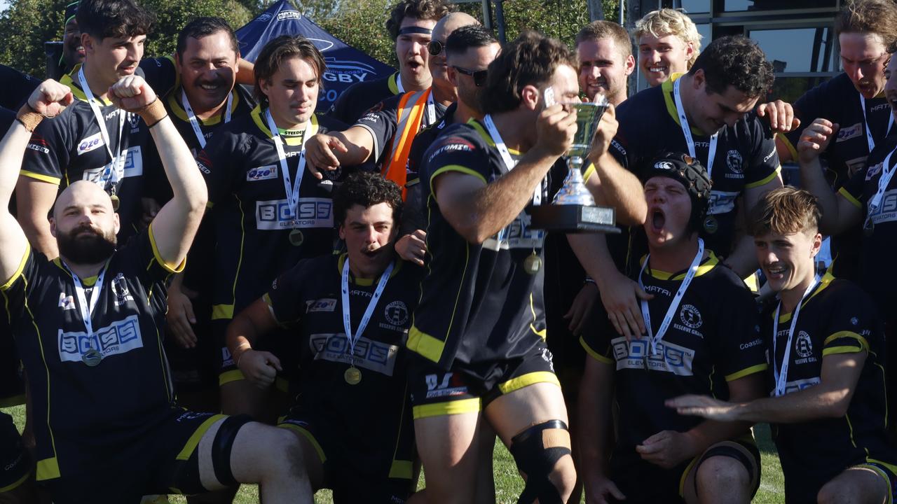 Caloundra reserve grade captain Luke Frisby celebrates with his team. Picture: Patrick Gillett/Pattman Sport.