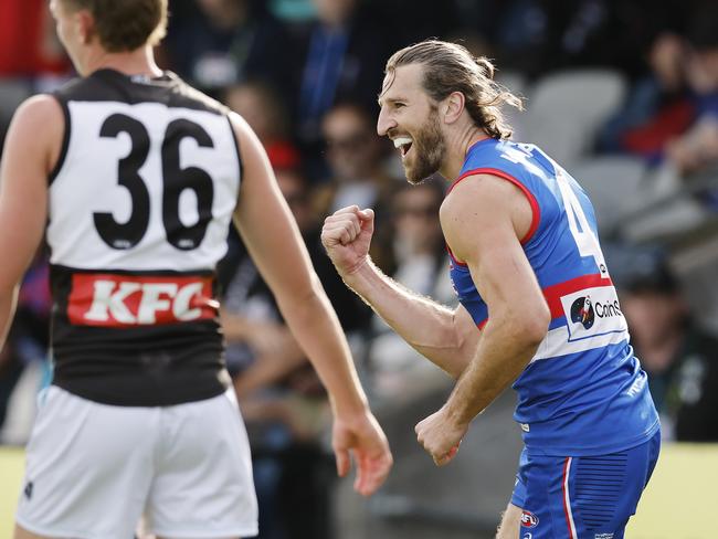Marcus Bontempelli celebrates a goal in the win over Port. Picture: Michael Klein