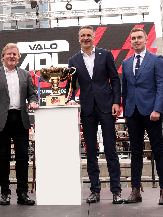 From left: Motor Sport Board chief executive Mark Warren, Premier Peter Malinauskas and Aaron Hickmann at the Adelaide 500’s official launch in Victoria Square in May 2022. Picture: NCA NewsWire / Kelly Barnes