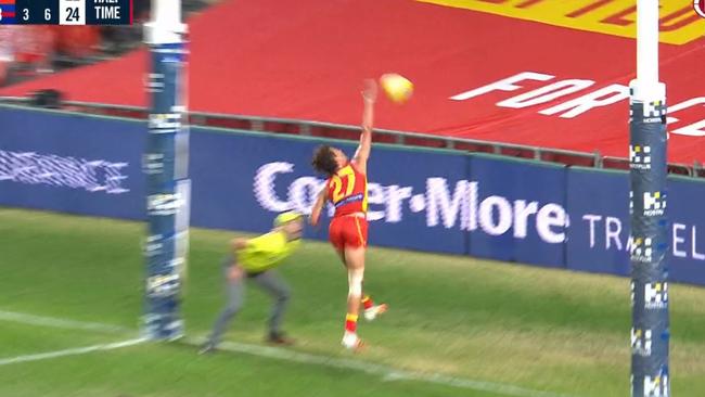 Gold Coast's Wil Powell owned up to not touching this Western Bulldogs goal on the line.