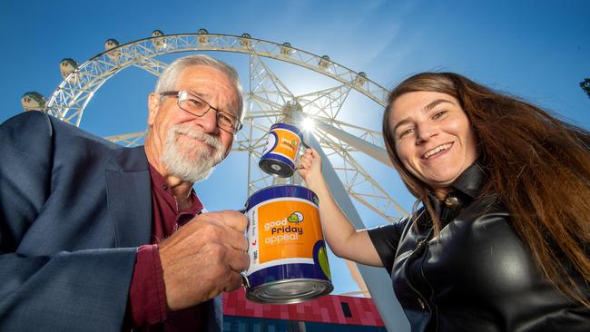 Mitchell raises funds for the annual Good Friday Appeal with Herald Sun’s Jackie Epstein. Picture: Jay Town