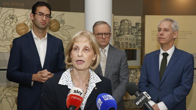 New special envoy on anti-Semitism Jillian Segal speaks flanked by Labor MP Josh Burns, Prime Minister Anthony Albanese and Multiculturalism Minister Andrew Giles. Picture: NewsWire / John Appleyard