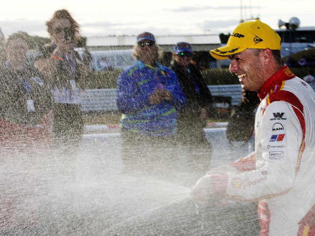 Scott McLaughlin of Team Shell V- Power Racing celebrates his win of race 7 at Symmons Plains. PICTURE CHRIS KIDD