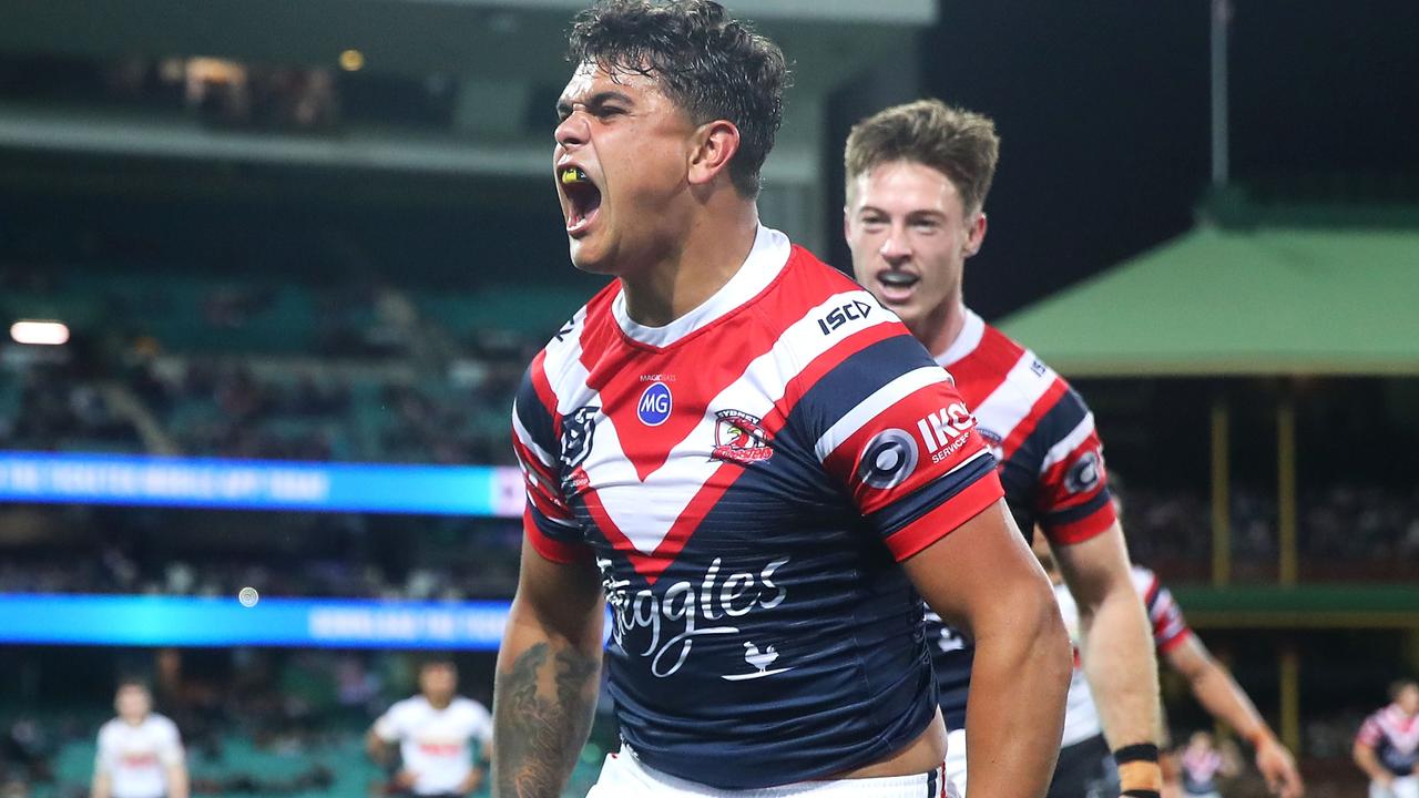 Latrell Mitchell went to the top of the try-scorer’s list in 2019 with his 18th try against the Panthers.