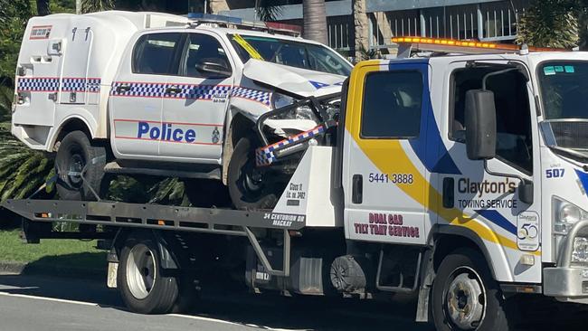 A police car was damaged in a two-car smash up in the Mackay CBD on April 11. Picture: Mitchell Dyer