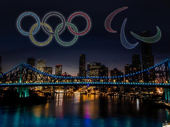 ATTENTION ATTENTION DO NOT USE CONTACT COURIER-MAIL PIC DESK BEFORE USE.......This image is embargoed through to 12:01am this Sunday 9 July 2023...... An ‘artist impression of the Olympic Rings and Paralympic Agitos’ above the Brisbane Story Bridge.