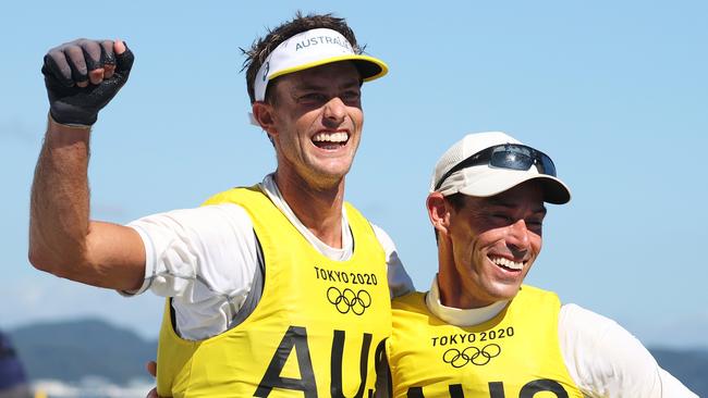 Mathew Belcher and Will Ryan celebrate winning gold in the Men's 470 class. Picture: Getty Images