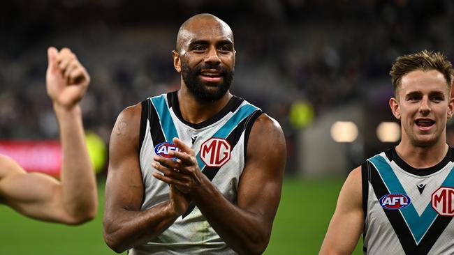 While the Power are liking him as a forward, Esava Ratugolea thinks his future lies in defence. Picture: Daniel Carson/AFL Photos via Getty Images