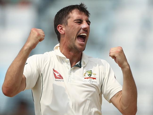 CHITTAGONG, BANGLADESH - SEPTEMBER 07:  Pat Cummins of Australia celebrates after taking the wicket of Mushfiqur Rahim of Bangladesh during day four of the Second Test match between Bangladesh and Australia at Zahur Ahmed Chowdhury Stadium on September 7, 2017 in Chittagong, Bangladesh.  (Photo by Robert Cianflone/Getty Images)