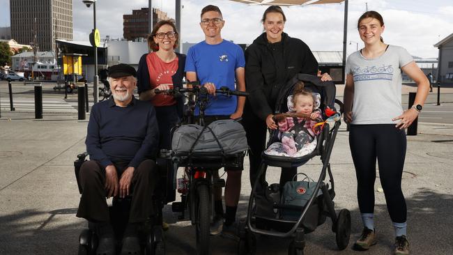 Alan Butler, Anna Johnston, Mark Donnellon, Olivia Kay with daughter Caroline, 10 months, Lucie Johnston, who are members of the new Streets People Love Hobart group, which has been formed to advocate for greater pedestrian, cyclist, and public transport infrastructure and services. Picture: Nikki Davis-Jones