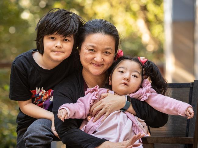 Three-year-old Jessica, who lives with neurodegenerative condition and visits Bear Cottage regularly for respite, visits Bear Cottage with her mum Sara and brother Liam. Picture: Julian Andrews