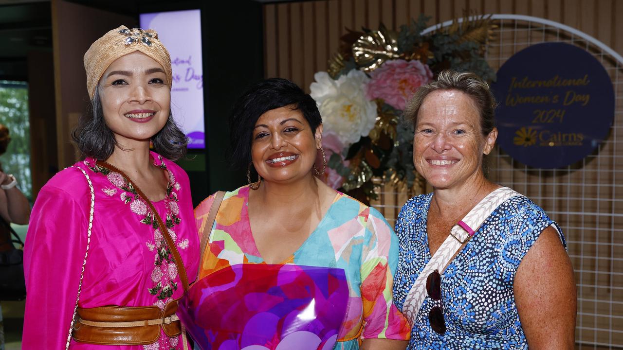 Ira Pangestu, Andrea Obeyesekere and Cathy Nixon at the Cairns Regional Council's International Women's Day 2024 awards, held at the Cairns Convention Centre. Picture: Brendan Radke