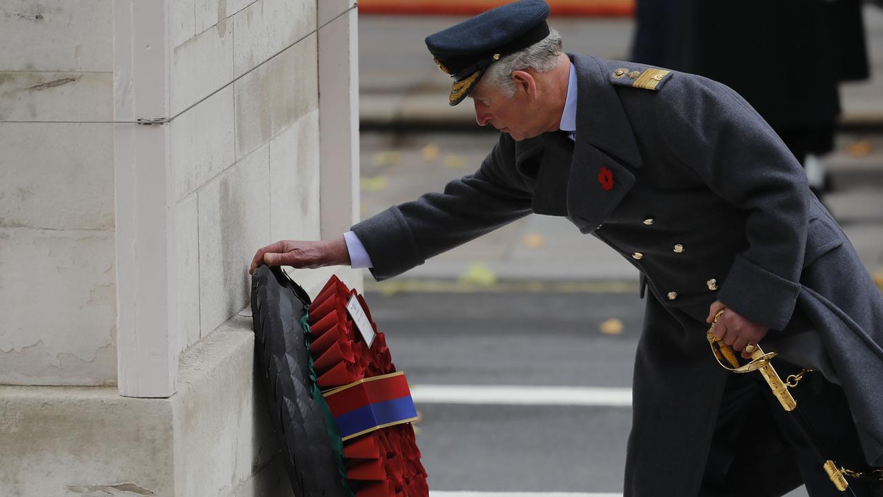 Prince Charles lays a wreath during the Remembrance Sunday ceremony at the Cenotaph in 2017. Picture: Tolga Akmen/AFP