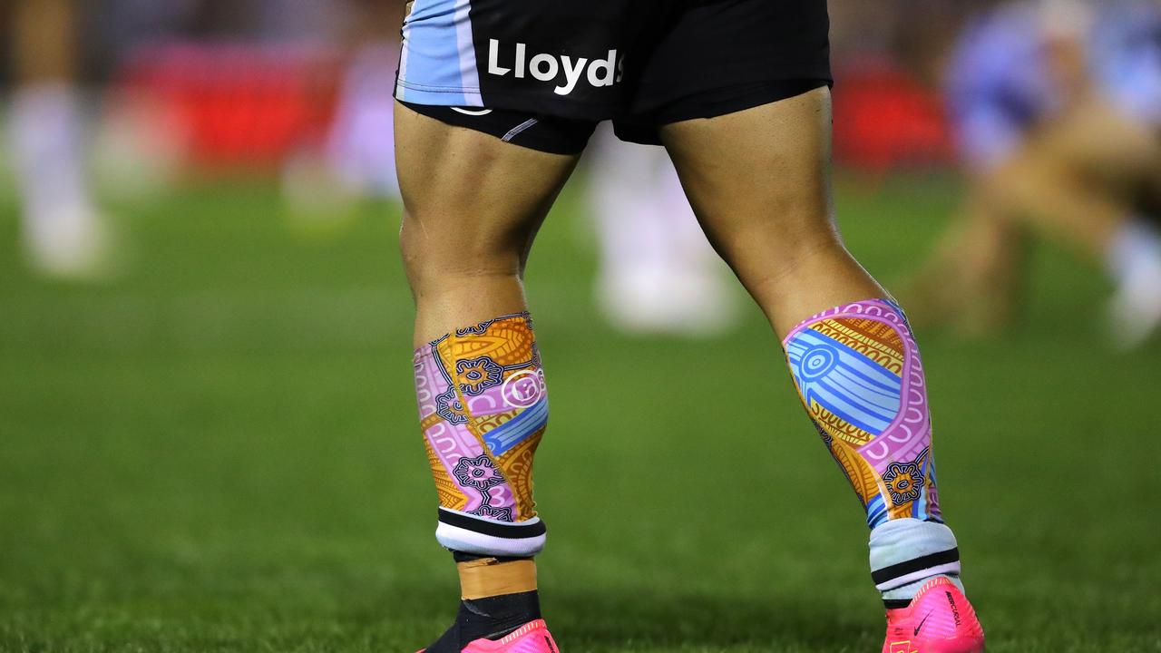 Indigenous patterned socks are seen during the round 14 NRL match between Cronulla Sharks and Brisbane Broncos. Picture: Jeremy Ng/Getty Images