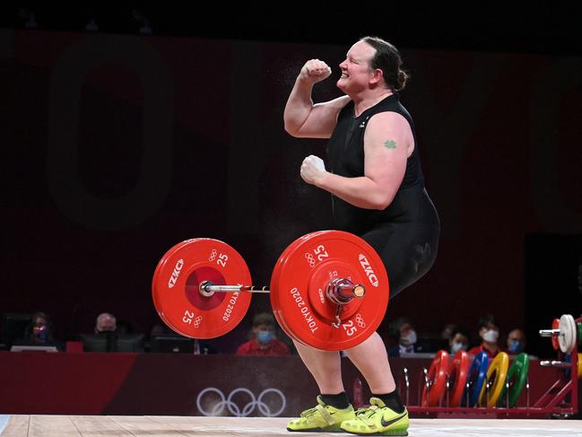 New Zealand's Laurel Hubbard reacts in the women's +87kg weightlifting competition on Monday. Picture: AFP