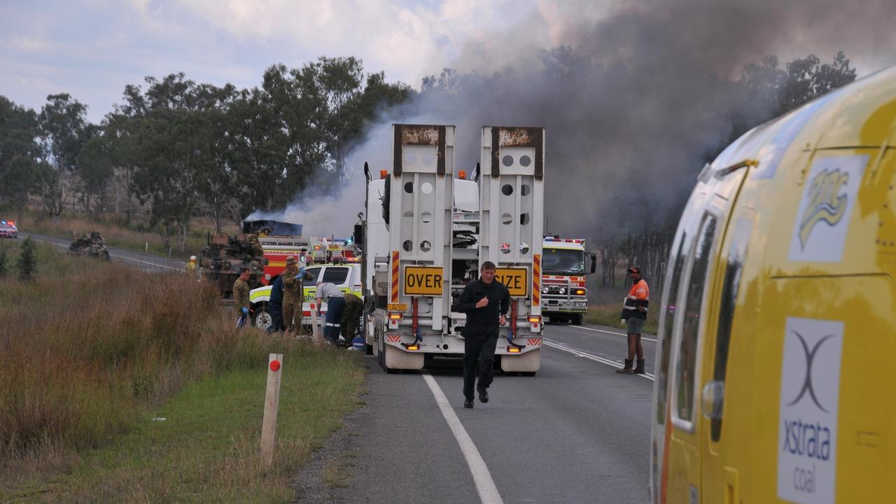 The fatal crash scene at Bajool, near Rockhampton, which involved a B-double truck and an Army vehicle.