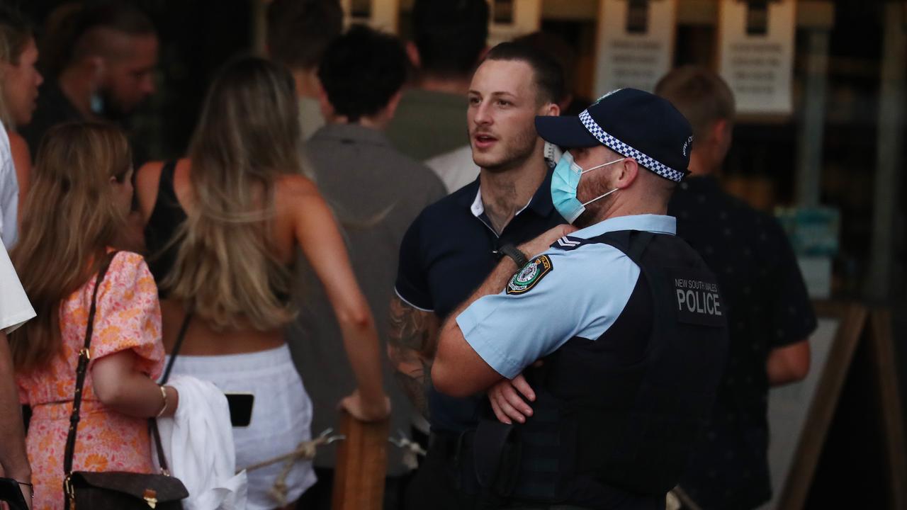 Police check in with security at the Great Northern Hotel and Backroom Byron Bay. Picture: Jason O‘Brien