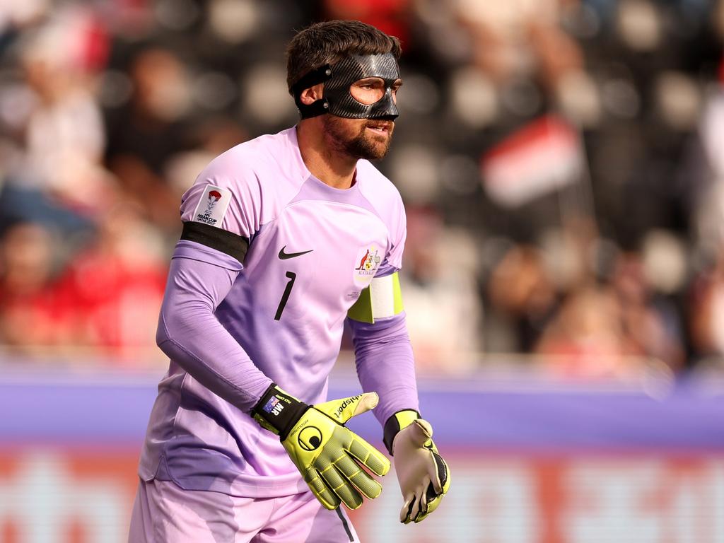 Mat Ryan again wore a face mask in Australia’s Asian Cup win over Syria. Picture: Robert Cianflone/Getty Images