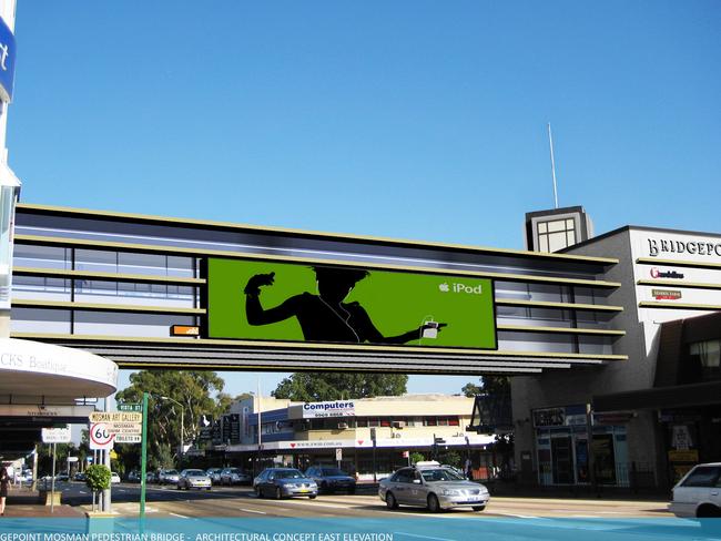 An artist’s impression of when “super signage” was proposed for the Bridgepoint pedestrian bridge, back when iPods were a thing. Picture: Supplied