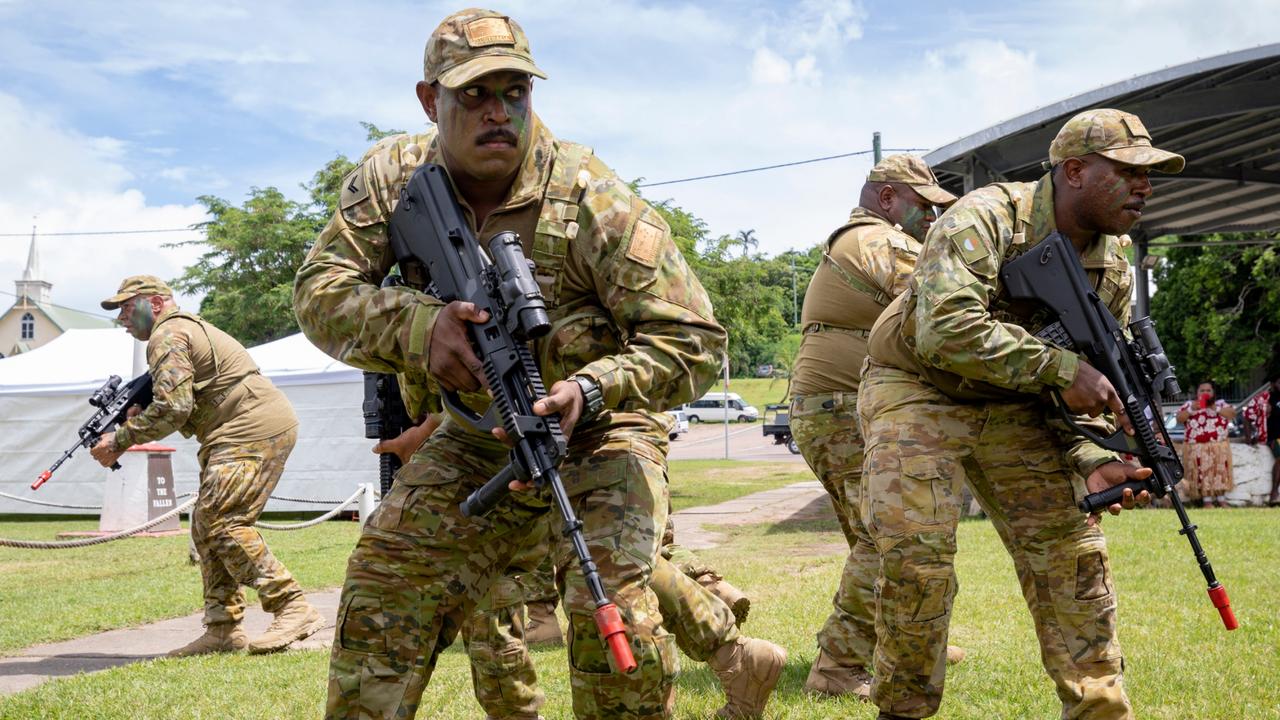 Australian Army soldiers from Sarpeye (Charlie) Company, 51 FNQR perform a traditional Torres Strait Island dance during the Torres Strait Island Light Infantry Battalion 80th anniversary ceremony held at Thursday Island. Picture: Supplied.