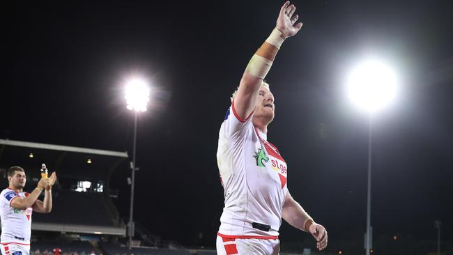 James Graham celebrates after the Dragons’ Round 5 win over Cronulla. Picture: Craig Golding/AAP