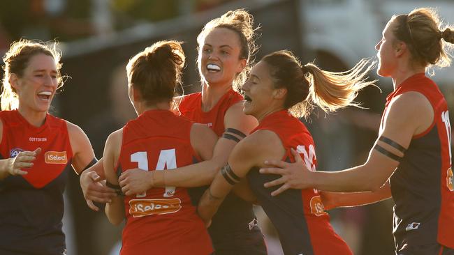 Melbourne AFLW captain Daisy Pearce (centre) is tipped to be on commentary duties this season. Picture: Michael Willson/AFL