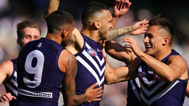 Harley Bennell celebrates a goal in his return to football. Picture: Getty Images