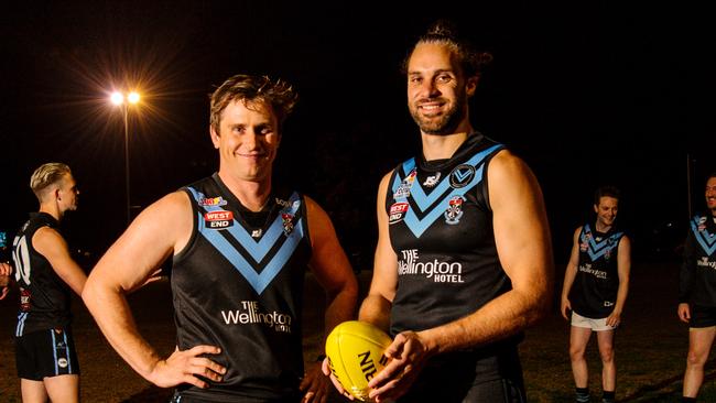 Blackfriars Old Scholars coach Jarrad O’Riley and star ruckman Matt Brincat, who was once again one of the Hounds stars on Saturday. Picture: Morgan Sette