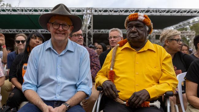 Anthony Albanese with Galarrwuy Yunupingu at the Garma festival on Friday. Picture: Getty Images