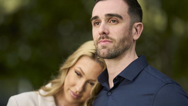 Mary Houghton who has endometriosis, with her partner, Callum MacPherson outside their home in Bowden, Thursday, Sept. 5, 2024. Picture: Matt Loxton