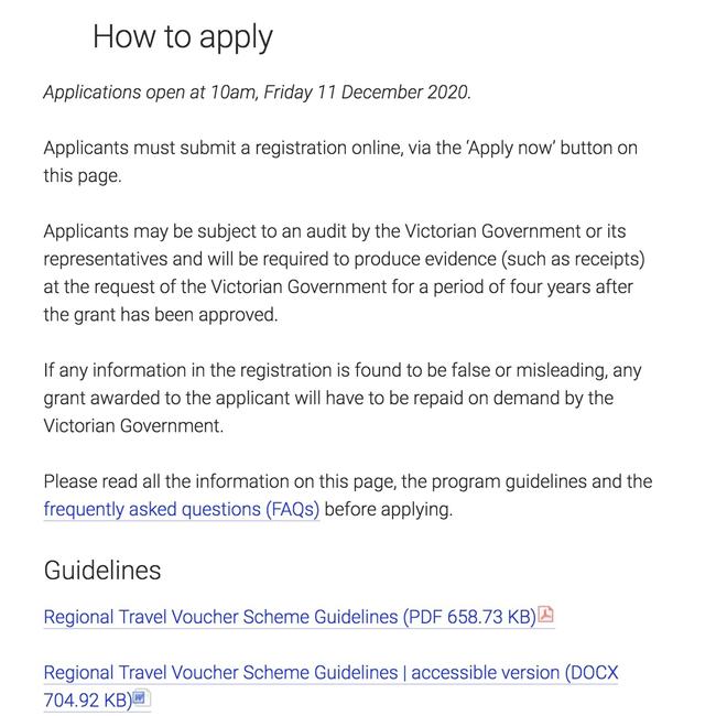 There is no link to an apply button on the government’s regional Victoria travel voucher application site.