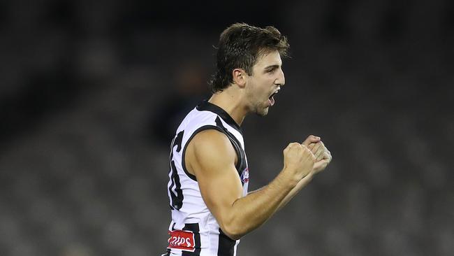 AFL Round 1. Western Bulldogs v Collingwood at Marvel Stadium. 21/03/2020. Josh Daicos of the Magpies celebrates his goal in the fourth quarter. Pic: Michael Klein